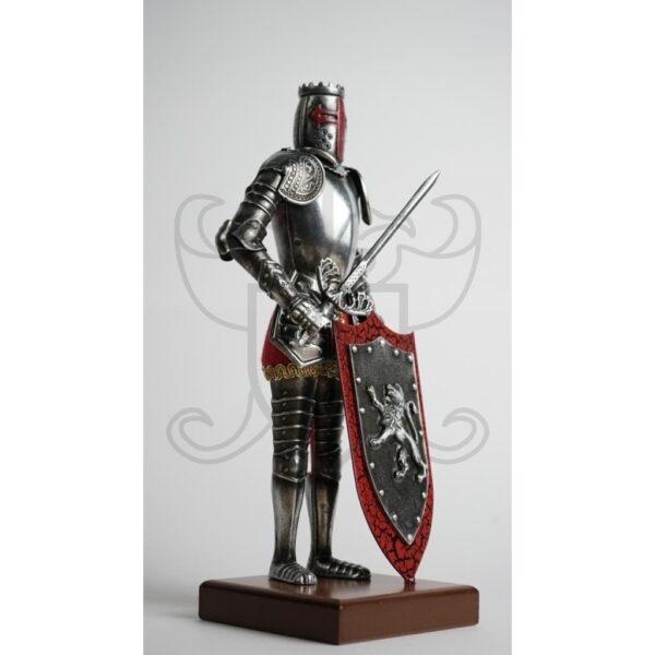 Armadura medieval mini de templarios con espada y escudo decorado con un león